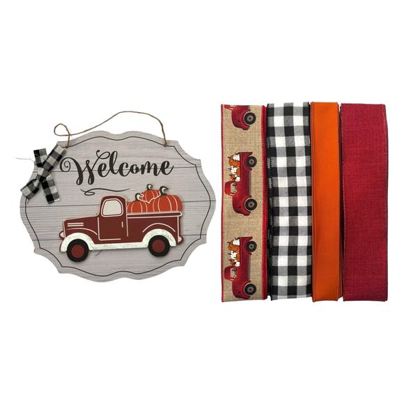 Red Truck Pumpkin Welcome Fall Sign Ribbons Bundle Set, DIY Wreath Supply Kit - Picture 1 of 5